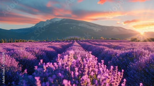 A blooming lavender flower field in sunny summer day. Generative AI. photo