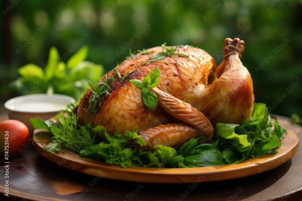 Macro view photography of a tasty roast chicken on a rustic plate against a green plant leaves background. AI Generation Macro view photography of a tasty roast chicken on a rustic plate against a green plant leaves background. AI Generation