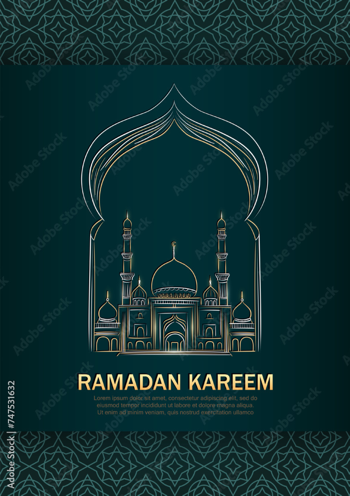 Eid Mubarak greeting card with hand drawn linear Mosque on dark green background with Arabic pattern frame. Vector banner with golden outline Masjid and Muslim arch. Ramadan Kareem vertical poster Eid Mubarak greeting card with hand drawn linear Mosque on dark green background with Arabic pattern frame. Vector banner with golden outline Masjid and Muslim arch. Ramadan Kareem vertical poster