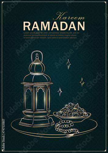 Ramadan Kareem greeting card with hand drawn linear golden Arabic lantern, Muslim rosary praying beads and dates in a bowl as a dish for Iftar. Dark green poster with arabesque pattern for Eid Mubarak