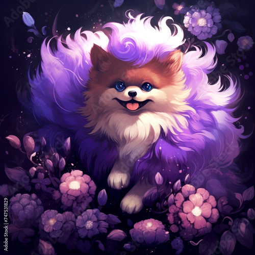 Vibrant Pomeranian in Floral Fantasy Illustration © ugguggu