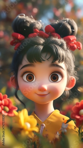 girl in a wreath of flowers, girl with eyes, child close-up, 3d cartoon, AI image, cartoon, 