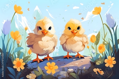 Two chicks in a nature with flowers