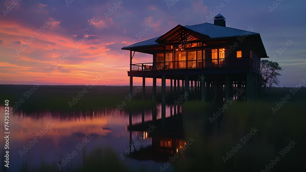 As the sun sets over the wetlands the silhouette of this stilted home stands out its reflection dancing in the water below. Inside youll find a cozy and inviting space that As the sun sets over the wetlands the silhouette of this stilted home stands out its reflection dancing in the water below. Inside youll find a cozy and inviting space that