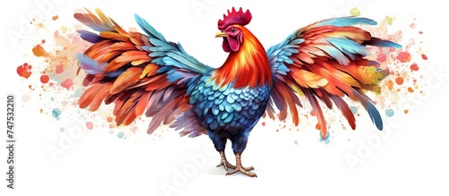 Vector illustration of an Asian rooster with bright colors and sharp eyes on a white background with grass photo