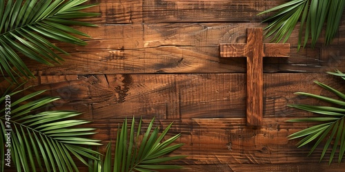 Palm sunday concept: wooden cross on a wooden background. Banner with copy space