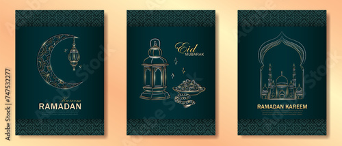 Set of dark green Ramadan Kareem vertical greeting cards with hand drawn linear golden Mosque, crescent moon, Arabic lantern, dates, Muslim rosary praying beads and arabesque pattern frame