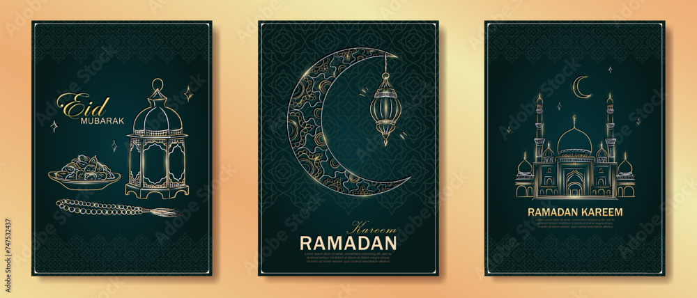 Set of dark green Ramadan Kareem vertical greeting cards with hand drawn linear golden Mosque, crescent moon, Arabic lantern, dates, Muslim rosary praying beads. Template of Eid Mubarak outline banner Set of dark green Ramadan Kareem vertical greeting cards with hand drawn linear golden Mosque, crescent moon, Arabic lantern, dates, Muslim rosary praying beads. Template of Eid Mubarak outline banner