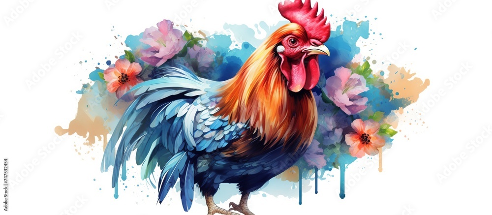 Vector illustration of an Asian rooster with bright colors and sharp eyes on a white background with grass