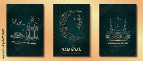 Set of dark green Ramadan Kareem vertical greeting cards with hand drawn linear golden Mosque, crescent moon, Arabic lantern, dates, Muslim rosary praying beads. Template of Eid Mubarak outline banner