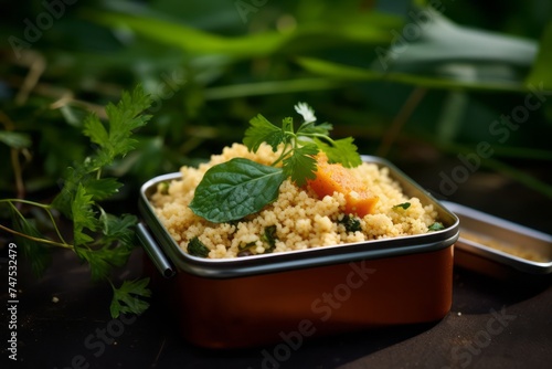 Rustic ambiance close-up photography of a tasty couscous in a bento box against a green plant leaves background. AI Generation