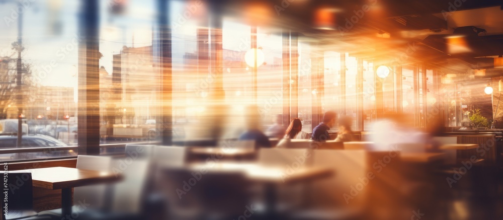 This image shows a restaurant interior with tables and chairs blurred out, creating an abstract background. The focus is on the general ambiance of the dining area. This image shows a restaurant interior with tables and chairs blurred out, creating an abstract background. The focus is on the general ambiance of the dining area.