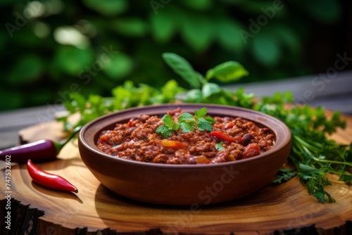 Macro view photography of a delicious chili con carne on a wooden board against a green plant leaves background. AI Generation