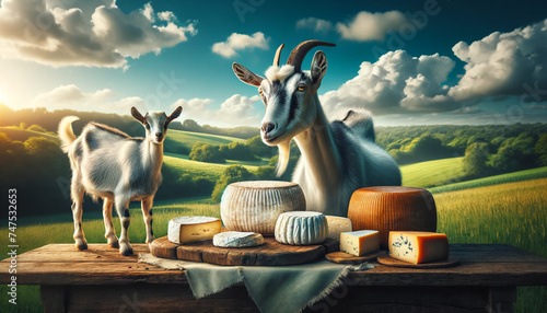A goat beside homemade goat cheese on a wooden table in a lush meadow under clear skies – a scene of sustainable farming and artisanal cheese-making. 