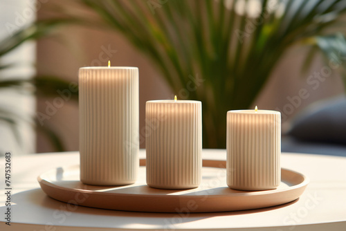 Three isolated beige ivory ribbed candles alight on a plate, harmonizing with a modern homes natural and minimalistic aesthetic.