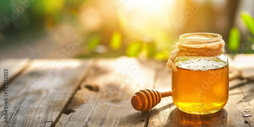 Honey in a jar on a blue background. Copy space. photo