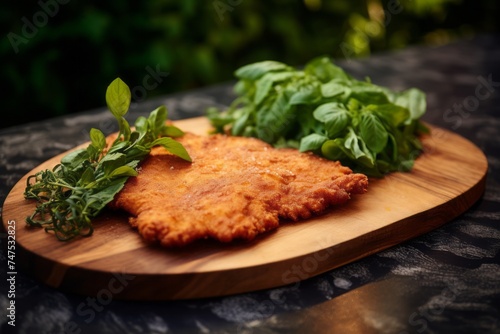 Detailed close-up photography of a tasty schnitzel on a wooden board against a green plant leaves background. AI Generation