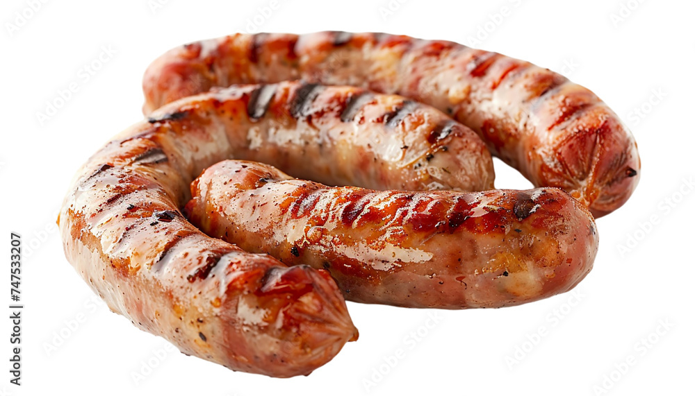 Grilled sausages isolated on transparent background. Top view. Grilled sausages isolated on transparent background. Top view.
