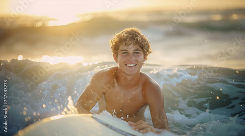 Portrait of smiling young man paddling on long surfboard on waves. Happy childhood and active vacation time, active people, and extreme sport concept on the ocean coast surfing spot.
