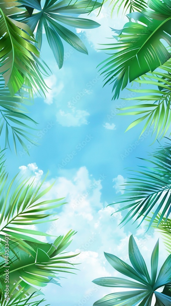 Fototapeta premium Palm sunday concept: Leaves frame of coconut branches with cloudy blue sky background