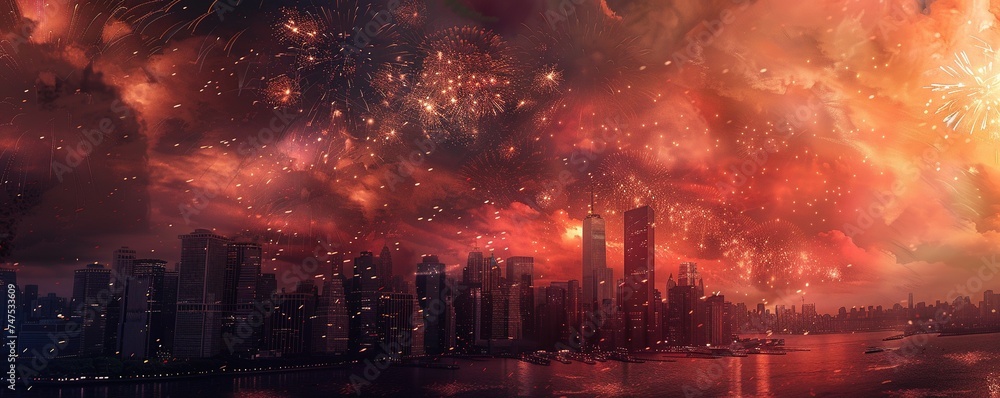 Fototapeta premium Stunning Fireworks Display Over Cityscape, Celebration Concept