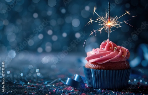 a pink cupcake with blue ribbon and a sparkler