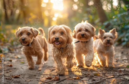 five dogs walking in the park