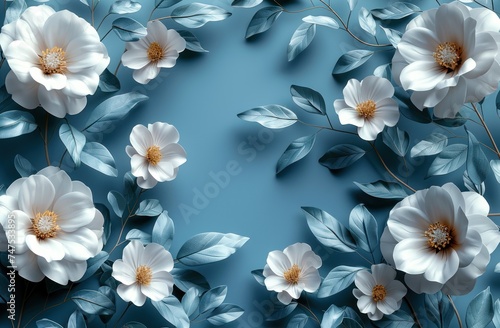 White Flowers on Blue Background