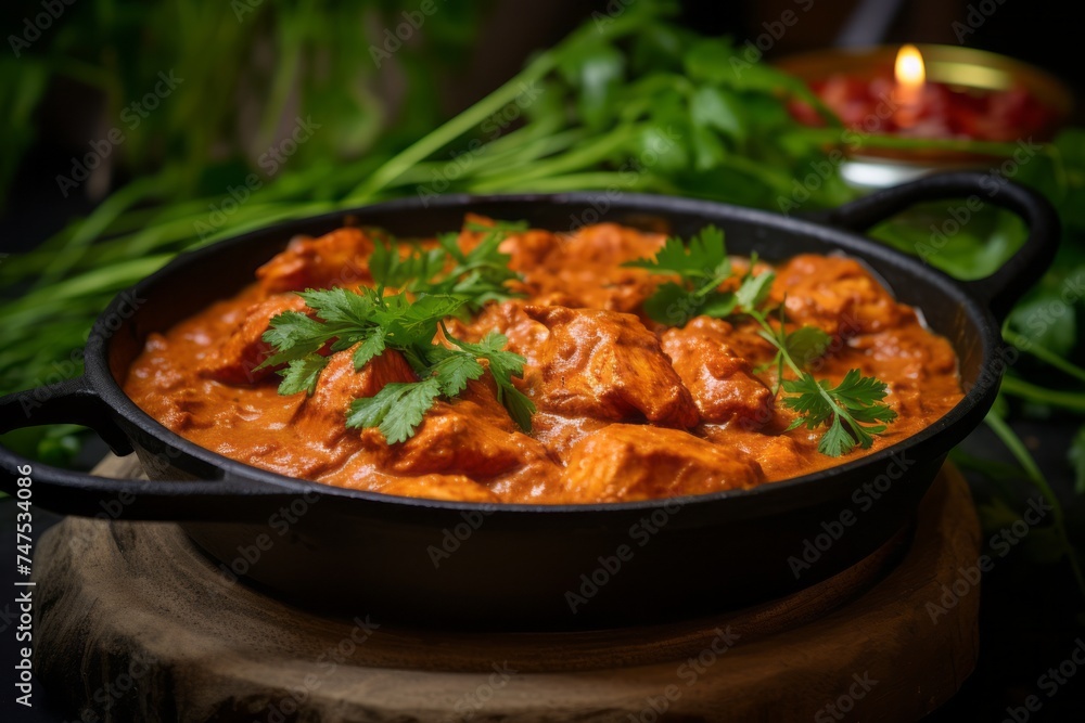 Highly detailed close-up photography of a refined chicken tikka masala in a clay dish against a green plant leaves background. AI Generation Highly detailed close-up photography of a refined chicken tikka masala in a clay dish against a green plant leaves background. AI Generation