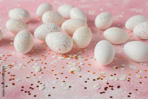 easter decor consisting of white eggs and confetti on a pink background easte...