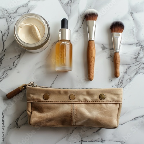 A makeup bag containing natural cosmetic products placed on a marble desk