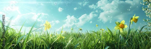 yellow daffodils on green grass under blue sky