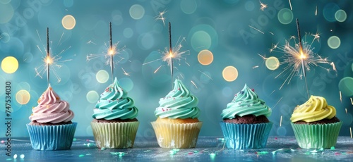 five colorful cupcakes are standing with sparklers