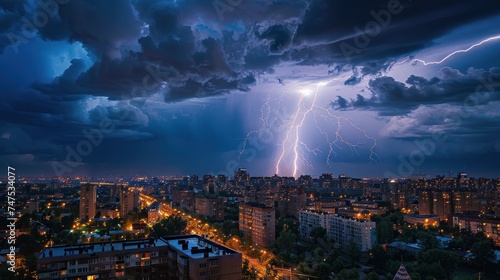 Lots of lightning in the night sky over the metropolis