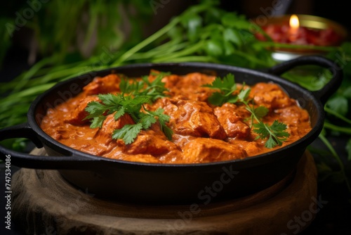 Highly detailed close-up photography of a refined chicken tikka masala in a clay dish against a green plant leaves background. AI Generation