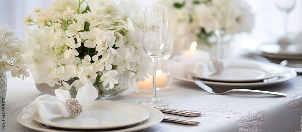 A table is elegantly set with white flowers and shiny silverware, creating a beautiful and festive dining atmosphere. The delicate floral arrangements complement the silver cutlery, A table is elegantly set with white flowers and shiny silverware, creating a beautiful and festive dining atmosphere. The delicate floral arrangements complement the silver cutlery,