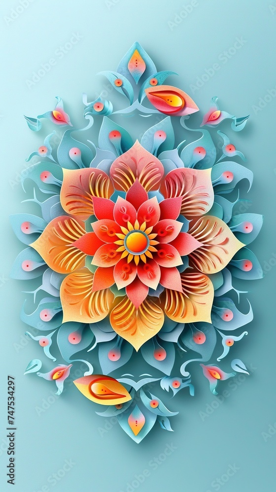 Obraz premium Happy Diwali. Paper Graphic of Indian Rangoli. Rangoli - A traditional Indian art of decorating the entrance to a house.