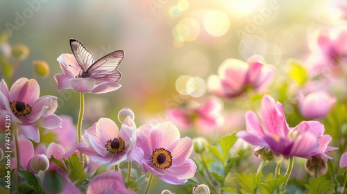 Fresh pink anemone flowers bloom on a beautiful spring morning in nature