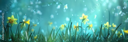 yellow daffodils and grass with sun