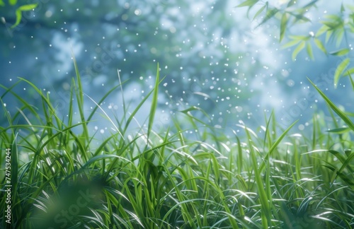 green grass over blue bokeh background