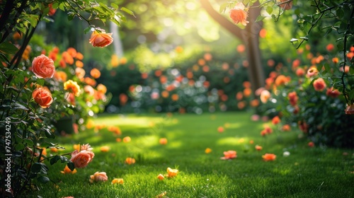 Beautiful bright background of a summer garden with a flowering rose bush