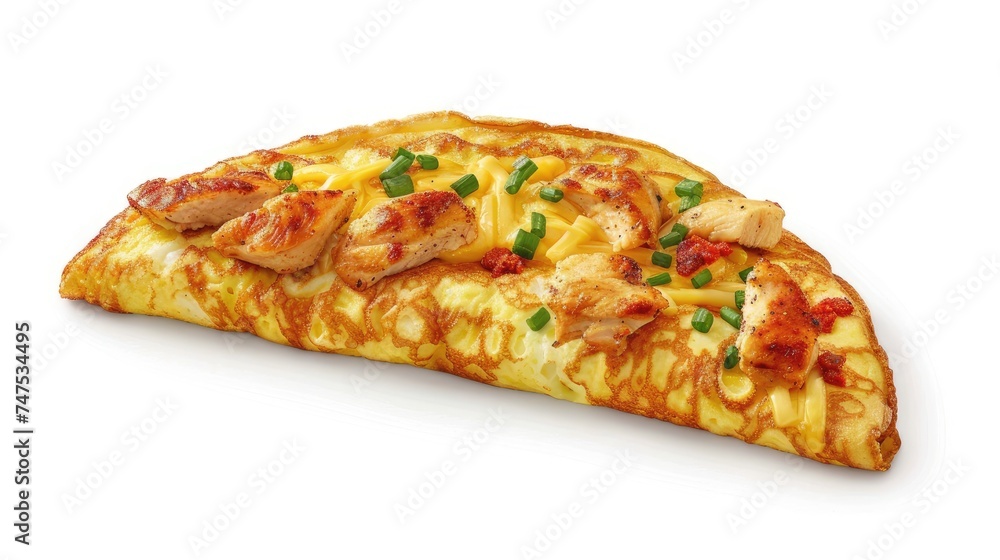 a chicken and cheese omelette on a white background, designed with ample empty space perfect for text placement. a chicken and cheese omelette on a white background, designed with ample empty space perfect for text placement.