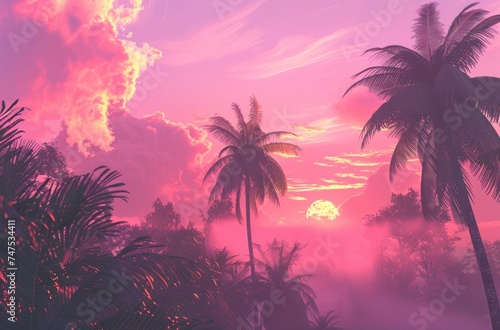 tropical sunset with palm trees and a cloud