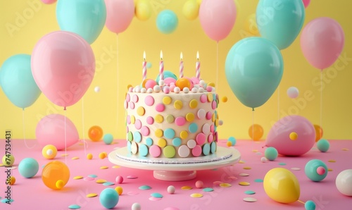 a colorful birthday cake on pink background with balloons