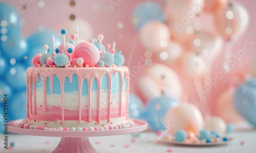 a colorful birthday cake with balloons is in the background