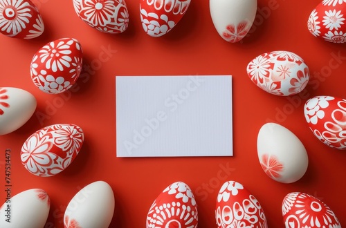 white empty card placed in a circle of red and white ceramic eggs