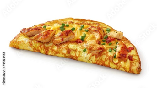 a chicken and cheese omelette on a white background, designed with ample empty space perfect for text placement.