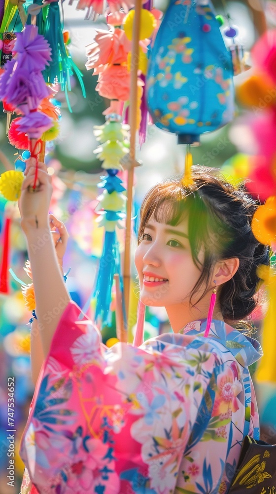Young woman celebrating Tanabata festival with vibrant decorations Young woman celebrating Tanabata festival with vibrant decorations