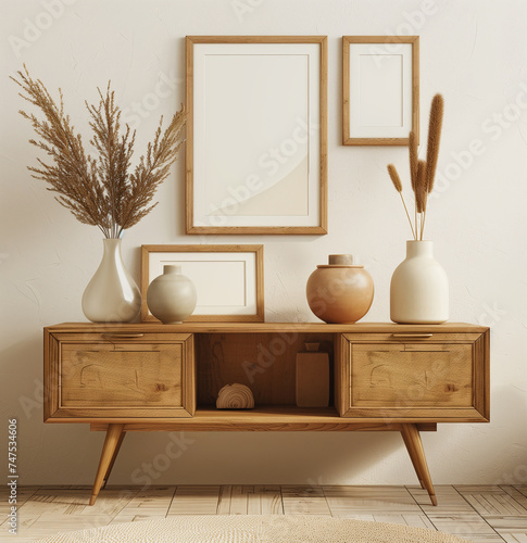 wooden shelf with pictures on the stein 