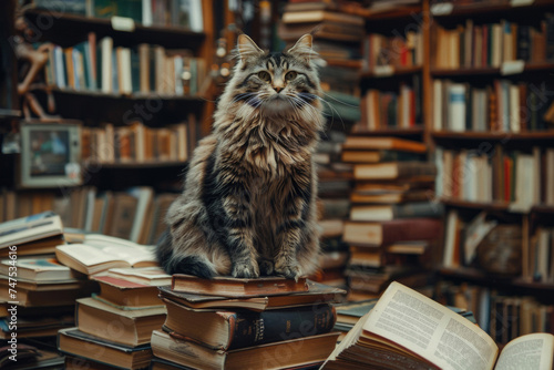 Majestic Cat Perched Among Piles of Books in a Cozy Library. A Feline's Literary Sanctuary